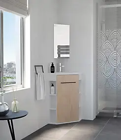 Meuble d’angle tout en un compact l.46 x H.84 cm blanc mat et porte effet bois, Ondee Nova
