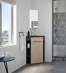 Meuble d’angle tout en un compact l.46 x H.84 cm noir mat et porte effet bois, Ondee Nova