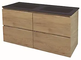 Meuble sous vasque à suspendre 4 tiroirs l.121,5 cm avec plan double vasque résine, effet bois, Ondee Trendy