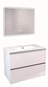 Meuble sous vasque suspendu 81,5 cm blanc mat avec plan vasque et miroir LED, Ondee Trendy