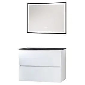 Meuble sous vasque suspendu 80 cm blanc mat avec plan vasque noir et miroir, Ondee Trendy