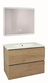 Meuble sous vasque suspendu 81,5 cm effet bois avec plan vasque blanc et miroir lumineux, Ondee Trendy