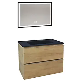 Meuble sous vasque suspendu 80 cm effet bois avec plan vasque noir et miroir, Ondee Trendy