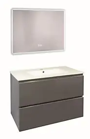 Meuble sous vasque suspendu 81,5 cm gris mat avec plan vasque blanc et miroir lumineux, Ondee Trendy