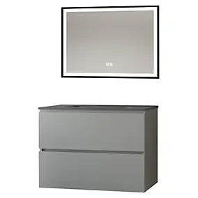 Meuble sous vasque suspendu 80 cm gris mat avec plan vasque noir et miroir lumineux, Ondee Trendy