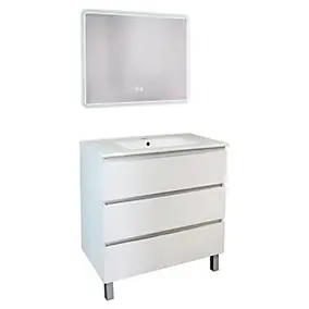 Meuble sous vasque à poser 80 cm blanc mat avec plan vasque et miroir, Ondee Trendy