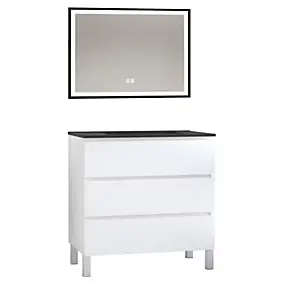 Meuble sous vasque à poser 80 cm blanc mat avec plan vasque noir et miroir, Ondee Trendy