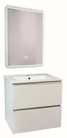 Meuble sous vasque suspendu 61,5 cm blanc mat avec plan vasque et miroir lumineux, Ondee Trendy