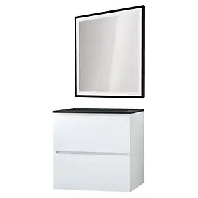 Meuble sous vasque suspendu 60 cm blanc mat avec plan vasque noir et miroir, Ondee Trendy