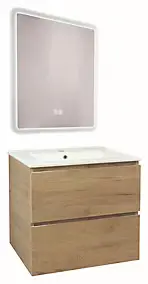 Meuble sous vasque suspendu 61,5 cm effet bois avec plan vasque blanc et miroir LED, Ondee Trendy