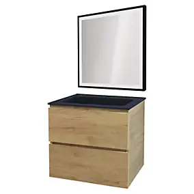 Meuble sous vasque suspendu 60 cm effet bois avec plan vasque noir et miroir, Ondee Trendy