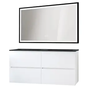Meuble sous vasque suspendu 120 cm blanc mat avec plan double vasque noir et miroir, Ondee Trendy