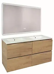 Meuble sous vasque suspendu 121,5 cm effet bois avec plan double vasque blanc et miroir lumineux, Ondee Trendy