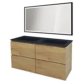 Meuble sous vasque suspendu 120 cm effet bois avec plan double vasque noir et miroir, Ondee Trendy