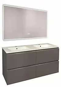 Meuble sous vasque suspendu 121,5 cm gris mat avec plan double vasque blanc et miroir LED, Ondee Trendy
