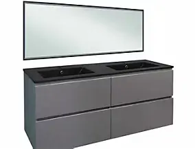 Meuble sous vasque suspendu 120 cm gris mat avec plan double vasque noir et miroir lumineux, Ondee Trendy