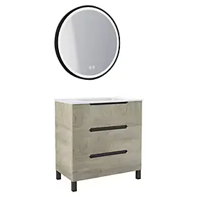Meuble sous vasque à poser 80 cm effet bois nordique avec plan vasque blanc et miroir LED rond, Ondee Alaska