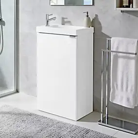 Meuble lave mains à poser blanc brillant l.44 cm Imandra + plan vasque blanc résine Beni, GoodHome