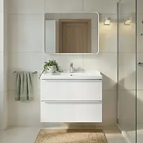 Meuble vasque suspendu blanc brillant l.80 cm Imandra + plan vasque blanc céramique Lana, GoodHome