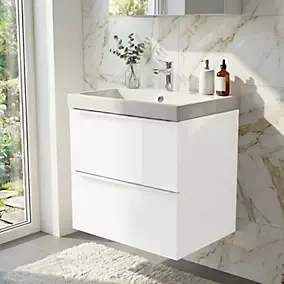 Meuble vasque suspendu blanc brillant l.60 cm Imandra + plan vasque blanc résine Mila, GoodHome