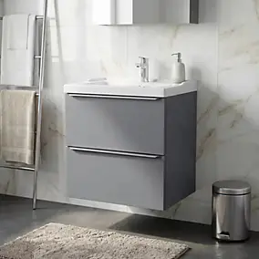 Meuble vasque suspendu gris brillant l.60 cm + plan vasque blanc céramique Lana, GoodHome