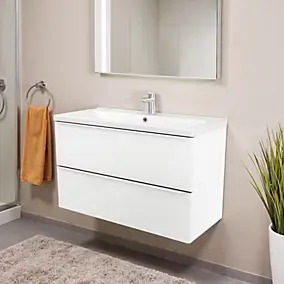 Meuble vasque suspendu blanc brillant l.80 cm Imandra + plan vasque blanc céramique Nira, GoodHome