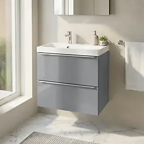 Meuble vasque suspendu gris brillant l.80 cm Imandra + plan vasque blanc résine Mila, GoodHome
