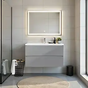 Meuble vasque suspendu gris brillant l.80 cm Imandra + plan vasque blanc céramique Nira, GoodHome