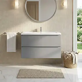 Meuble vasque suspendu gris l.100 cm Imandra + plan vasque blanc résine Mila, GoodHome
