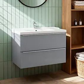 Meuble vasque suspendu gris l.100 cm Imandra + plan vasque blanc céramique Nira, GoodHome