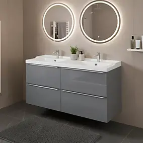 Meuble vasque suspendu gris brillant l.120 cm Imandra + plan double vasque blanc céramique Nira, GoodHome
