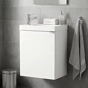 Meuble lave mains suspendu blanc brillant l.44 cm Imandra + plan vasque blanc résine Beni, GoodHome