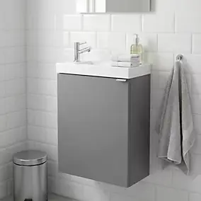Meuble lave mains suspendu gris brillant l.44 cm Imandra + plan vasque blanc résine Beni, GoodHome