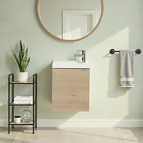 Meuble lave mains suspendu effet chêne l.44 cm Imandra + plan vasque blanc résine Beni, GoodHome