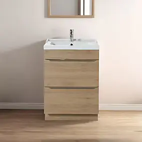 Meuble vasque à poser effet chêne l.60 cm Imandra + plan vasque blanc céramique Lana, GoodHome