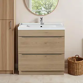 Meuble vasque à poser effet chêne l.80 cm Imandra + plan vasque blanc céramique Lana, GoodHome