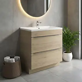 Meuble vasque à poser effet chêne l.80 cm Imandra + plan vasque blanc céramique Nira, GoodHome