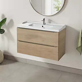 Meuble vasque suspendu effet chêne l.100 cm Imandra + plan vasque blanc céramique Lana, GoodHome