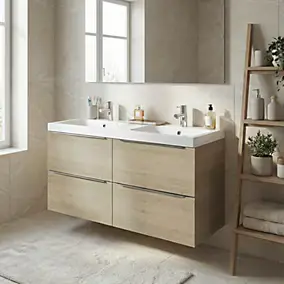 Meuble vasque suspendu effet chêne l.120 cm Imandra + plan double vasque blanc résine Mila, GoodHome