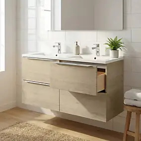 Meuble vasque suspendu effet chêne l.120 cm Imandra + plan double vasque blanc céramique Nira, GoodHome