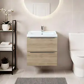 Meuble vasque suspendu effet chêne l.60 cm Imandra + plan vasque blanc céramique Lana, GoodHome