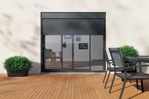 Baie aluminium coulissante grise + volet roulant motorisé haut. 215 x larg. 240 cm
