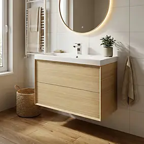 Meuble sous vasque à suspendre GoodHome Avela placage chêne 100 cm + plan vasque Mila