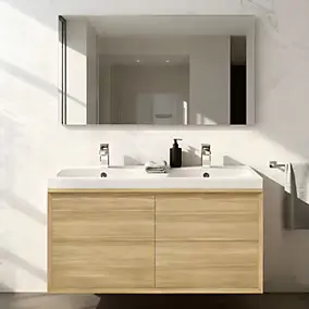 Meuble sous vasque à suspendre GoodHome Avela placage chêne 120 cm + plan vasque Mila
