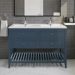Meuble sous vasque à poser 4 tiroirs 1 niche bleu mat l.120 cm Perma + plan double vasque Nira, GoodHome
