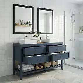 Meuble sous vasque à poser 4 tiroirs 1 niche bleu mat l.120 cm Perma + plan de toilette, GoodHome