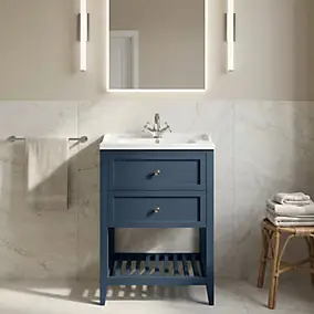 Meuble sous vasque à poser 2 tiroirs 1 niche bleu mat l.60 cm Perma + plan vasque Nira, GoodHome