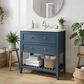 Meuble sous vasque à poser 2 tiroirs 1 niche bleu mat l.80 cm Perma + plan vasque Nira, GoodHome