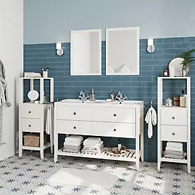 Meuble sous vasque à poser 4 tiroirs 1 niche blanc mat l.120 cm Perma + plan double vasque Nira, GoodHome