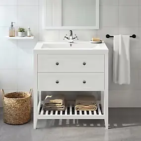 Meuble sous vasque à poser 2 tiroirs 1 niche blanc mat l.80 cm Perma + plan vasque céramique blanc Nira , GoodHome